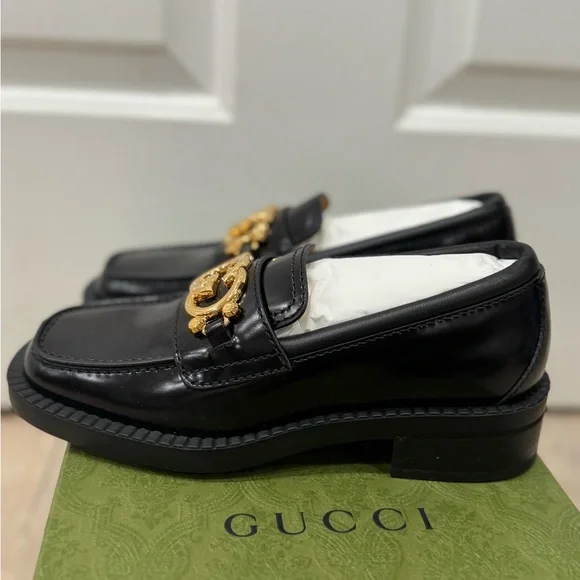 GUCCI Authentic Spice Lux Nappa Black Patent Gold Interlocking G Loafers US 4 34
